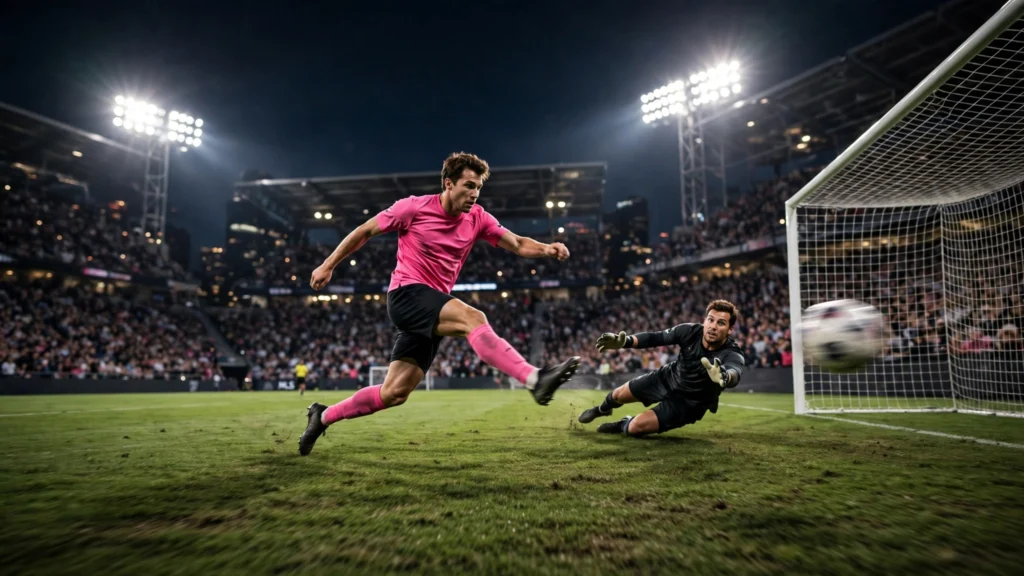 Inter Miami forward striking a shot at night in the Messi two goals DC United MLS rout