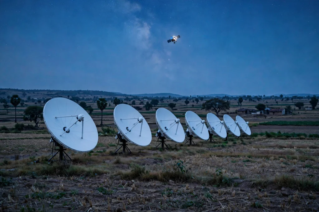 Satellite dishes at dusk as Musk vows affordable Starlink India pricing against Ambanis Jio