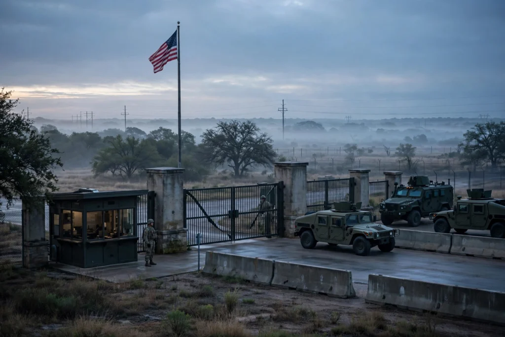 Nidal Hasan firing squad case at Fort Hood military base entrance in Texas