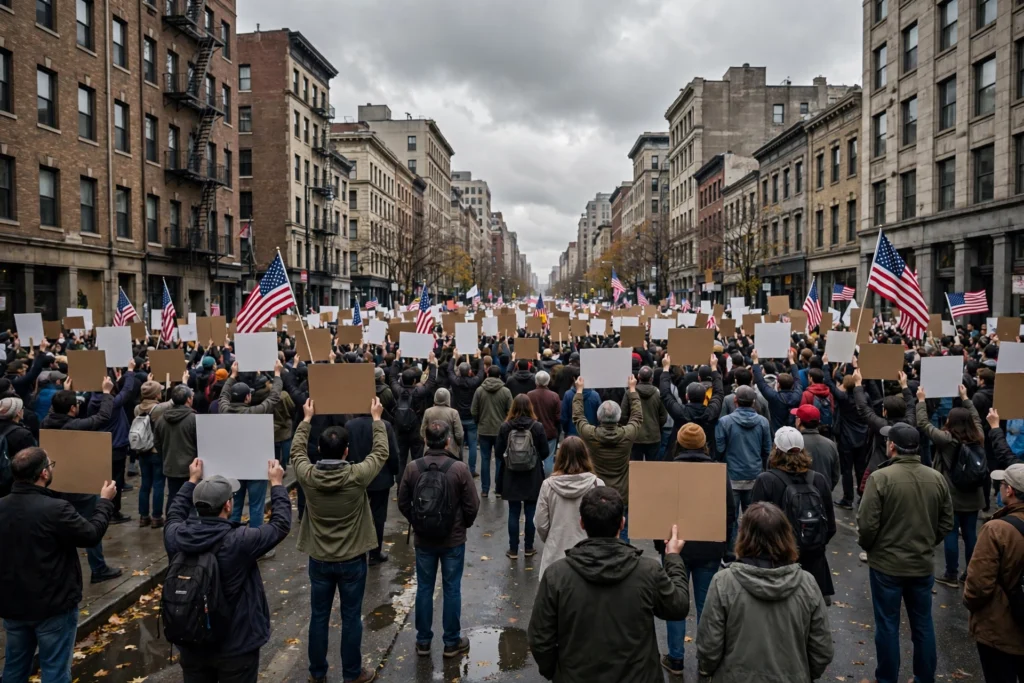 Large No Kings protests crowd with American flags and blank signs filling a city street