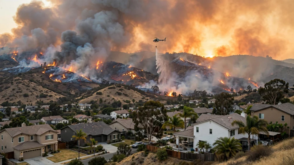 Orange County wildfire flames engulfing hillside homes near San Clemente as the Norte Fire forces evacuations