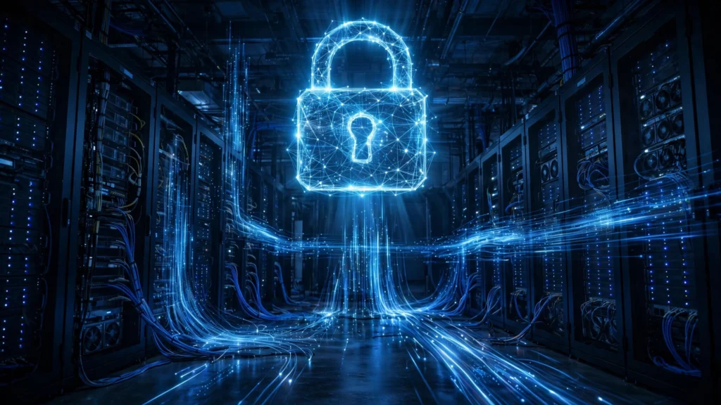 Digital cybersecurity concept with a padlock over a server network representing the Proofpoint Varonis merger