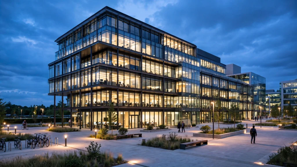 Qualcomm layoffs announced at semiconductor headquarters glass office building at dusk