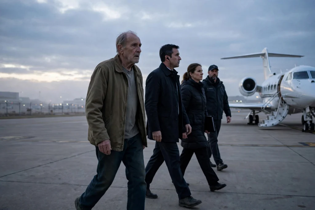 Stephen Hubbard, freed American teacher, walking on an airport tarmac after Russia release