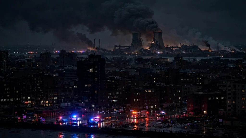 Darkened Kyiv skyline after Russia Ukraine energy strikes, smoke rising from damaged power plant at night
