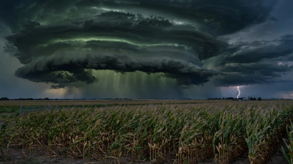 Dark storm clouds gathering over a Midwest highway at dusk before severe thunderstorms