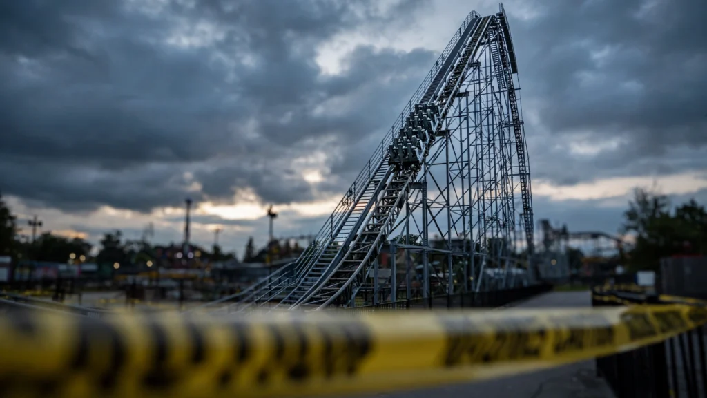 Empty roller coaster cars on a tall steel track after Six Flags closed nine coasters nationwide for safety inspections
