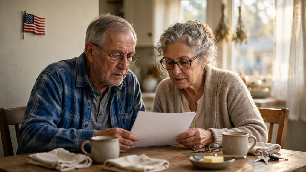 Senior couple reviewing Social Security COLA 2027 benefit increase letter at kitchen table