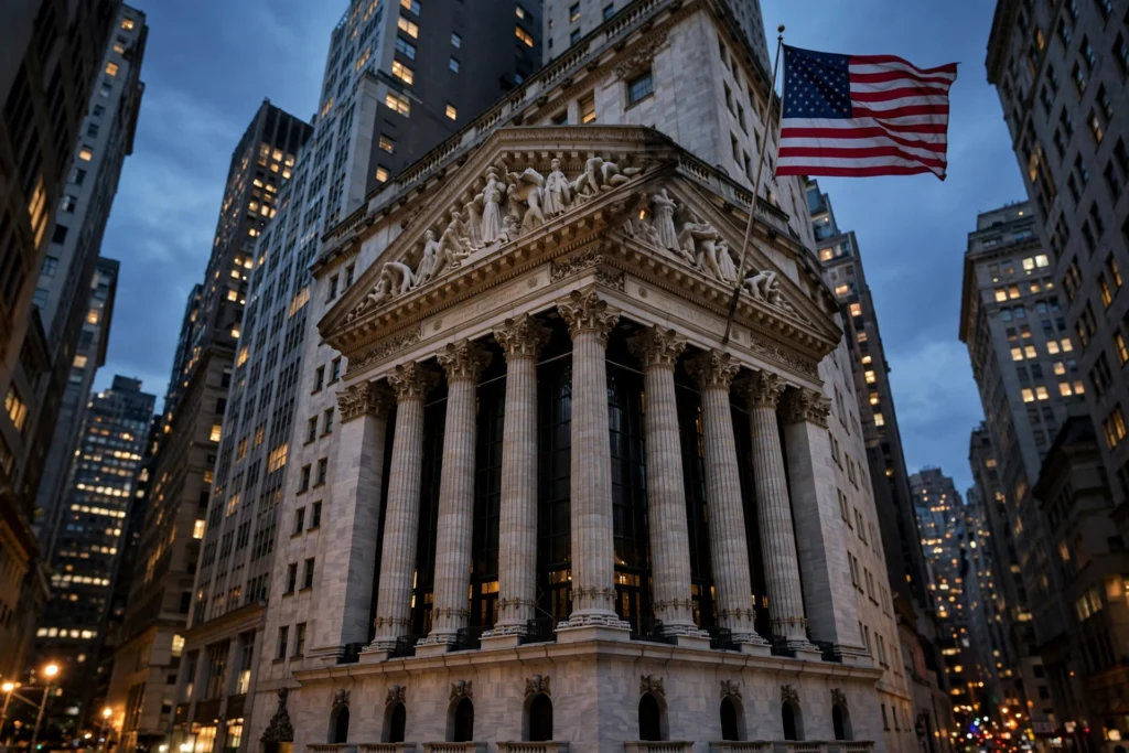 Digital stock market ticker board showing declining futures and telecom share prices on Wall Street