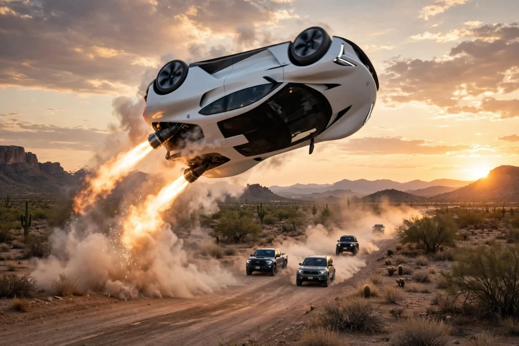 White futuristic Tesla Roadster flying with rocket thrusters over a desert test track at sunset