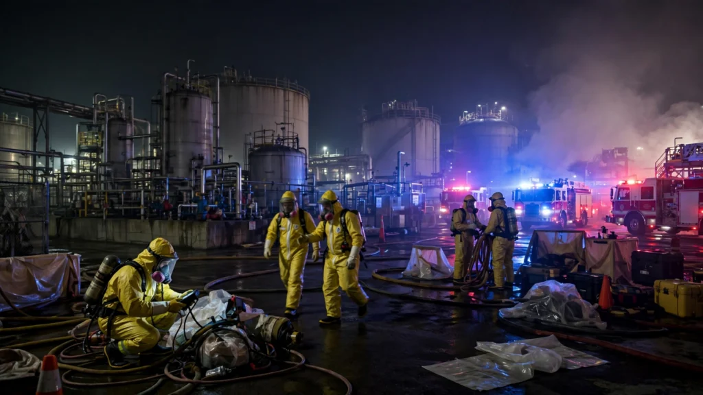 Toledo Ohio chemical release emergency response with hazmat crews and fire trucks at night