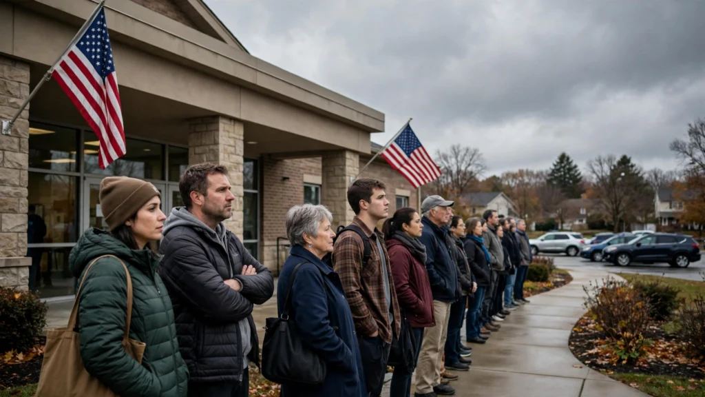 Voters line up outside a suburban polling station with US flags as the Trump approval rating hits a record low