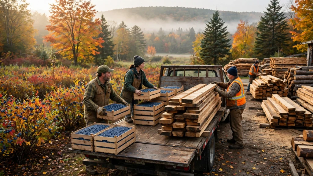 Maine blueberry farm workers loading crates and lumber onto trucks near the US-Canada border at harvest time