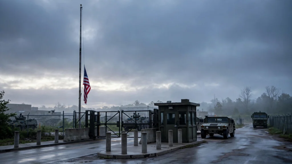 Military honor guard soldiers in dress uniform standing at attention during a Fort Hood shooter execution Army ceremony