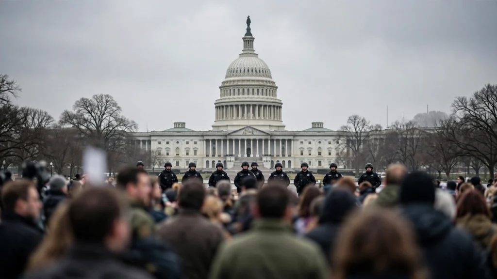 Trump immigration policy debate with US Capitol and federal agents in background