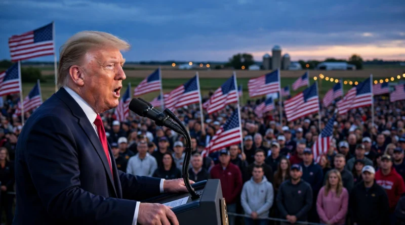 President Donald Trump speaking at a rally in Sioux City, Iowa, with supporters waving American flags behind him