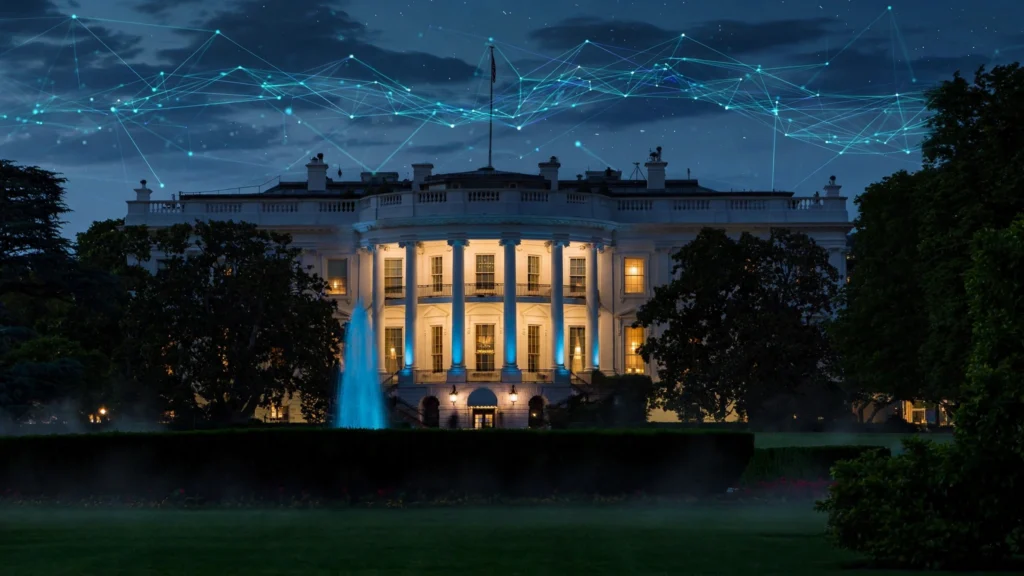 Trump AI czar — White House exterior with digital technology overlay