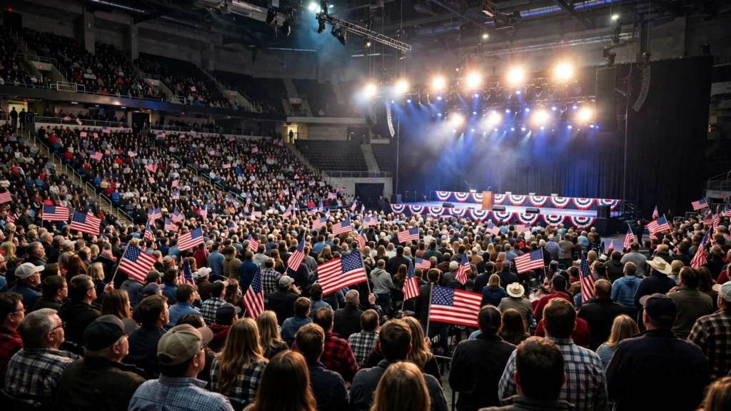 Trump Nebraska rally crowd at indoor arena in Grand Island
