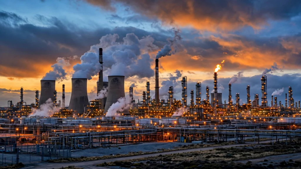 Oil refinery at dusk illustrating the Russia-Ukraine energy ceasefire announced by Trump