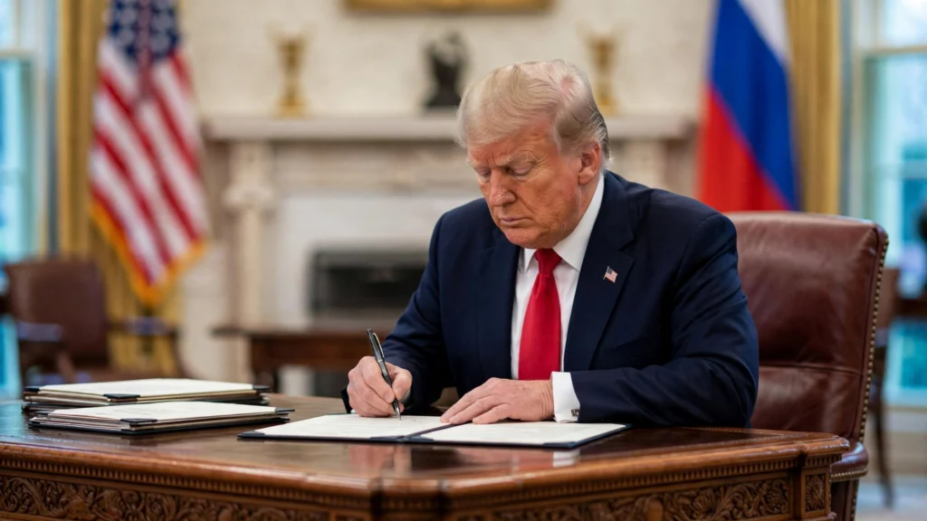 Trump signs an executive order waiving Russia sanctions at the Resolute Desk after the Putin diesel deal