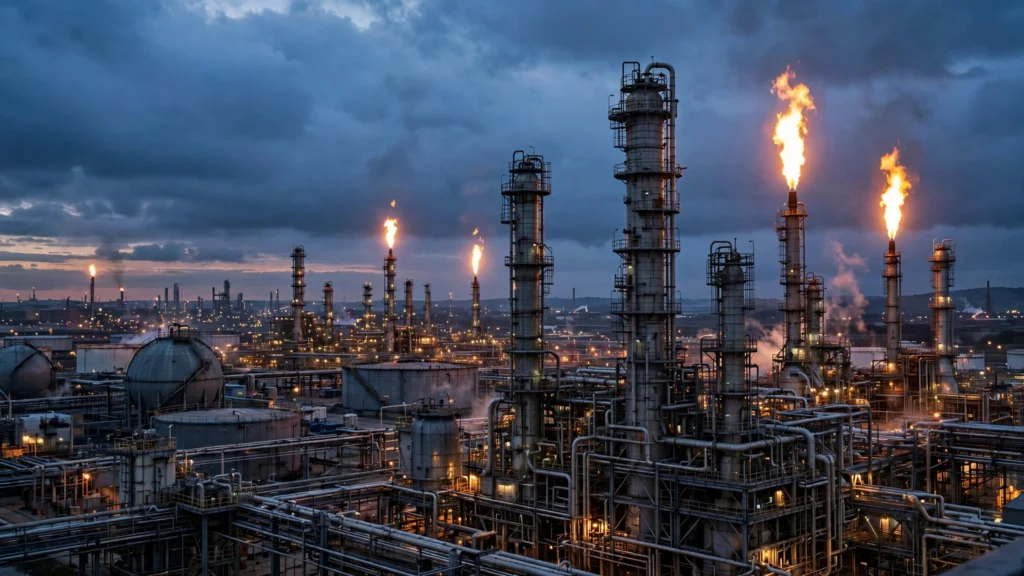 Oil refinery burning with smoke columns after Ukrainian drone strikes on Russian energy infrastructure