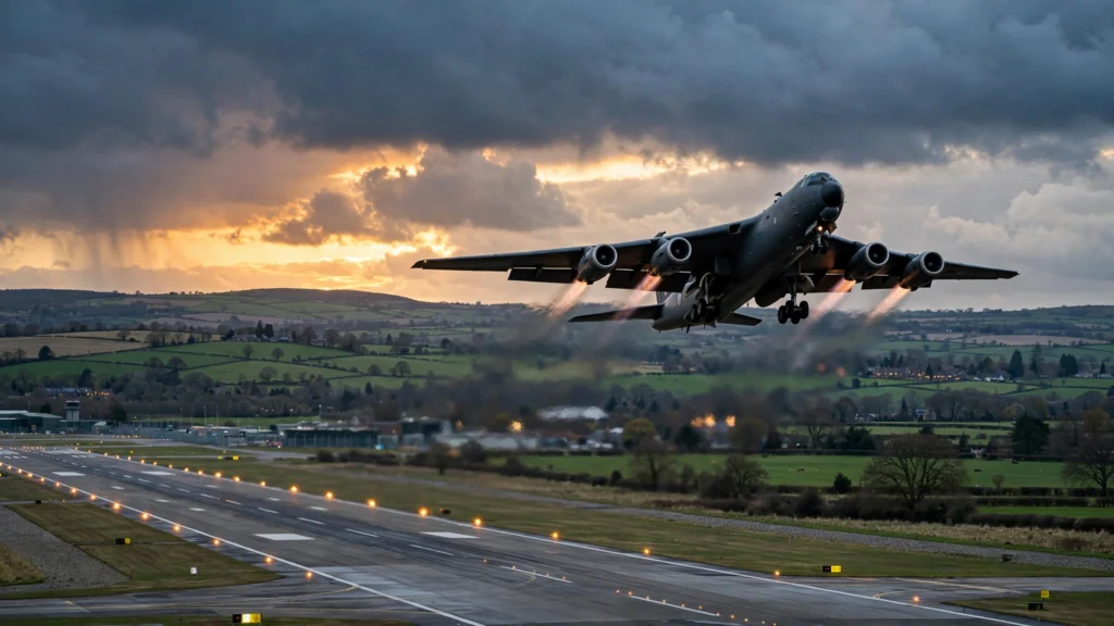 US bombers UK base departure with B-1 aircraft on runway at dusk
