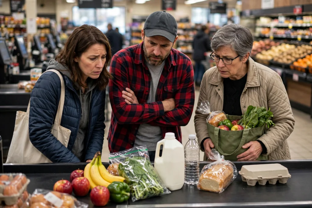 US consumer sentiment falling shown by shoppers in a grocery store checking higher prices