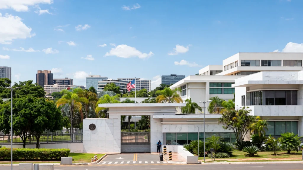 US embassy building with US consular services Brazil suspension notice