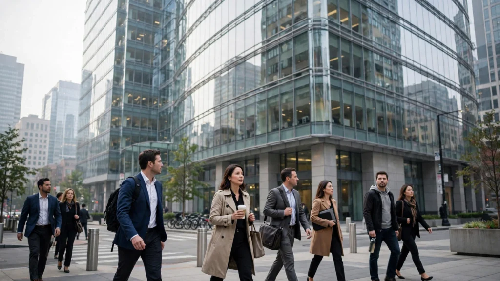US jobs report — workers at office building in downtown business district