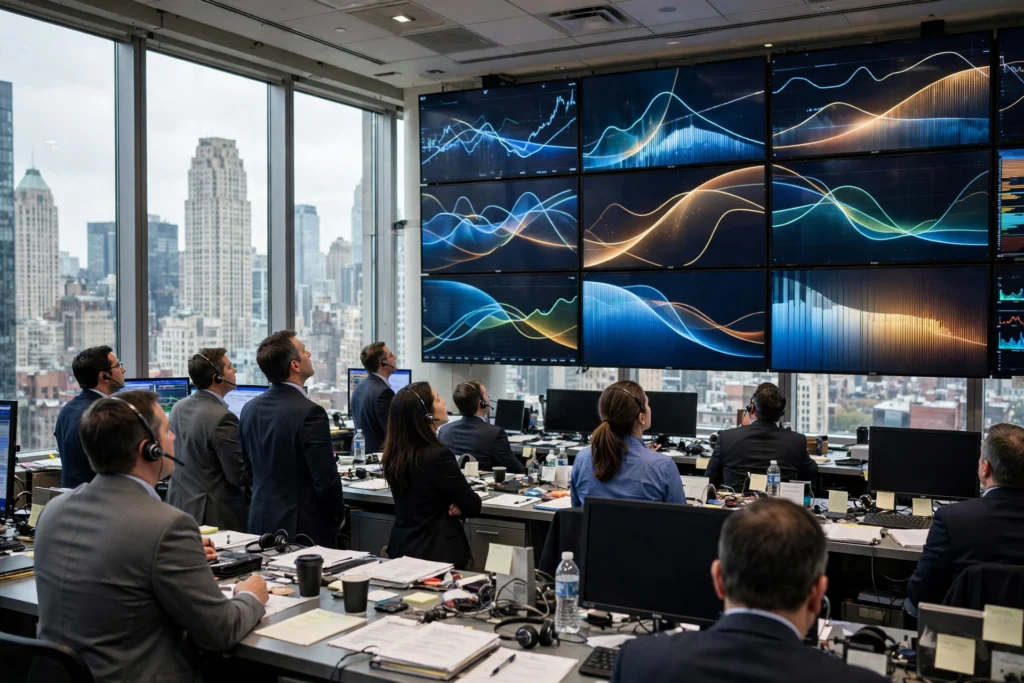 Wall Street trading floor reacting to US jobs report September data