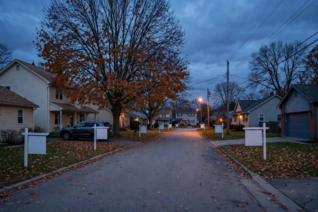 US mortgage rates rising shown by suburban homes for sale and a mortgage application form