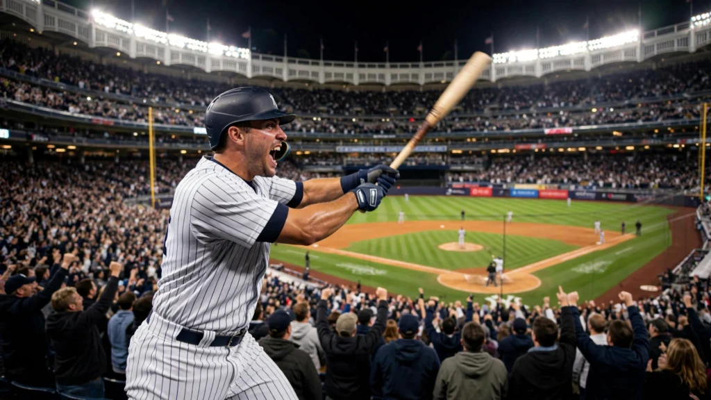 Yankee Stadium at night as player celebrates home run during Yankees sweep of Red Sox in wild card series